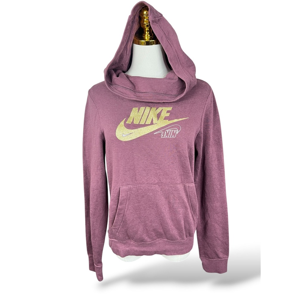 Nike Womens XS Plum Purple Gold Glitter Swoosh Funnel Neck Hoodie Pullover A34